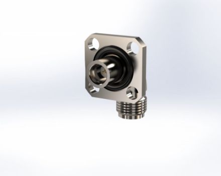 Radius Right Angle, 4-Hole Panel, SMP Male SB to SMA Female Connector Radius Right Angle, 4-Hole Panel, SMP Male SB to SMA Female Connector