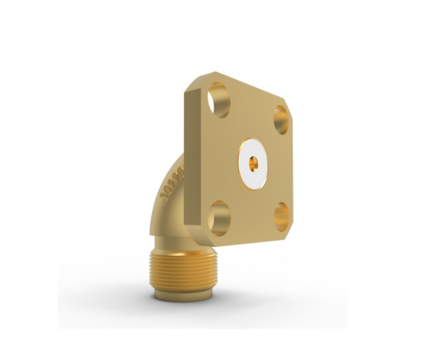 SMA Female Radius Right Angle 4-Hole (.5 SQ) Mount Field Replaceable, Gold Plate, Epoxy (Eccobond), 5530-1CCCE